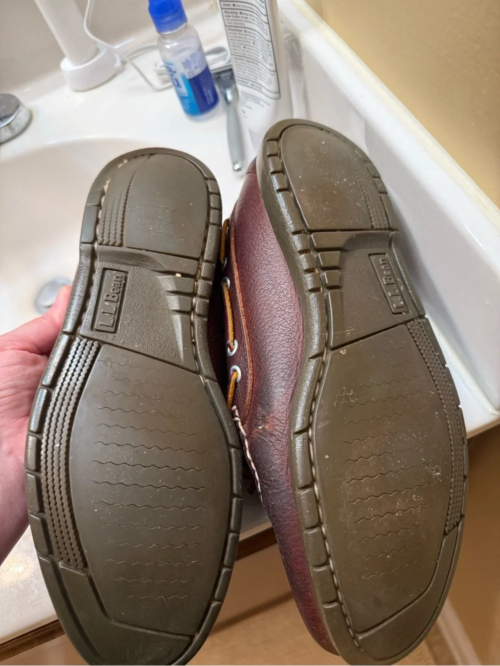 L.L. Bean Brown Leather Moccasin Boat Shoes with Red and Yellow Laces